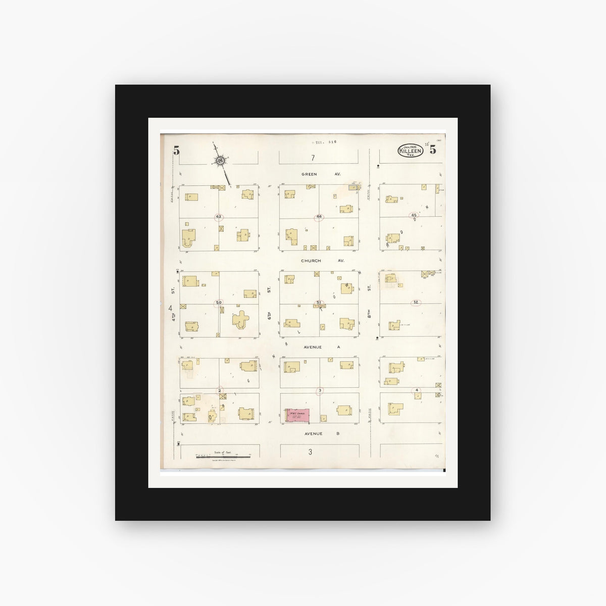 Old map wall art mockup — black gallery frame with white mat — Sanborn Fire Insurance Map from Killeen, Bell County, Texas (1937), Sheet #0005