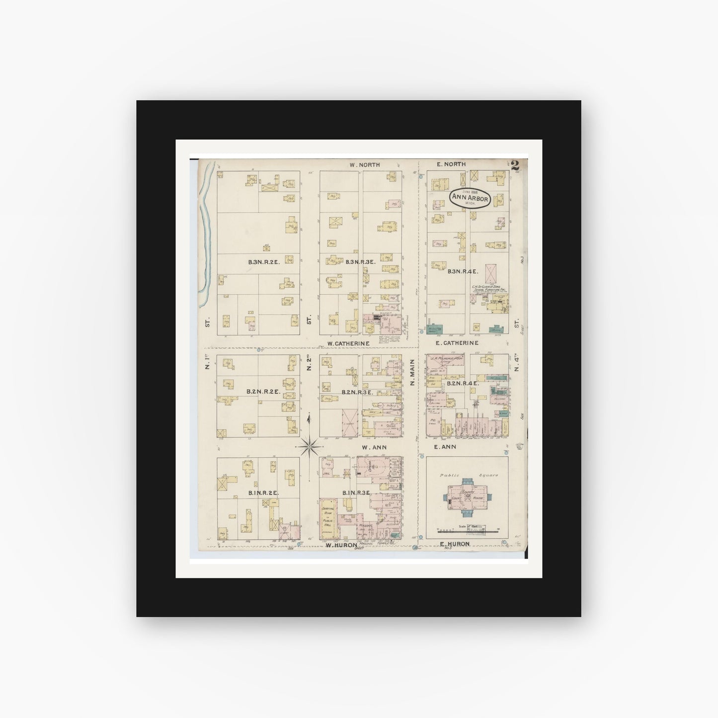 Old map wall art mockup — black gallery frame with white mat — Sanborn Fire Insurance Map from Ann Arbor, Washtenaw County, Michigan (1888), Sheet #0002