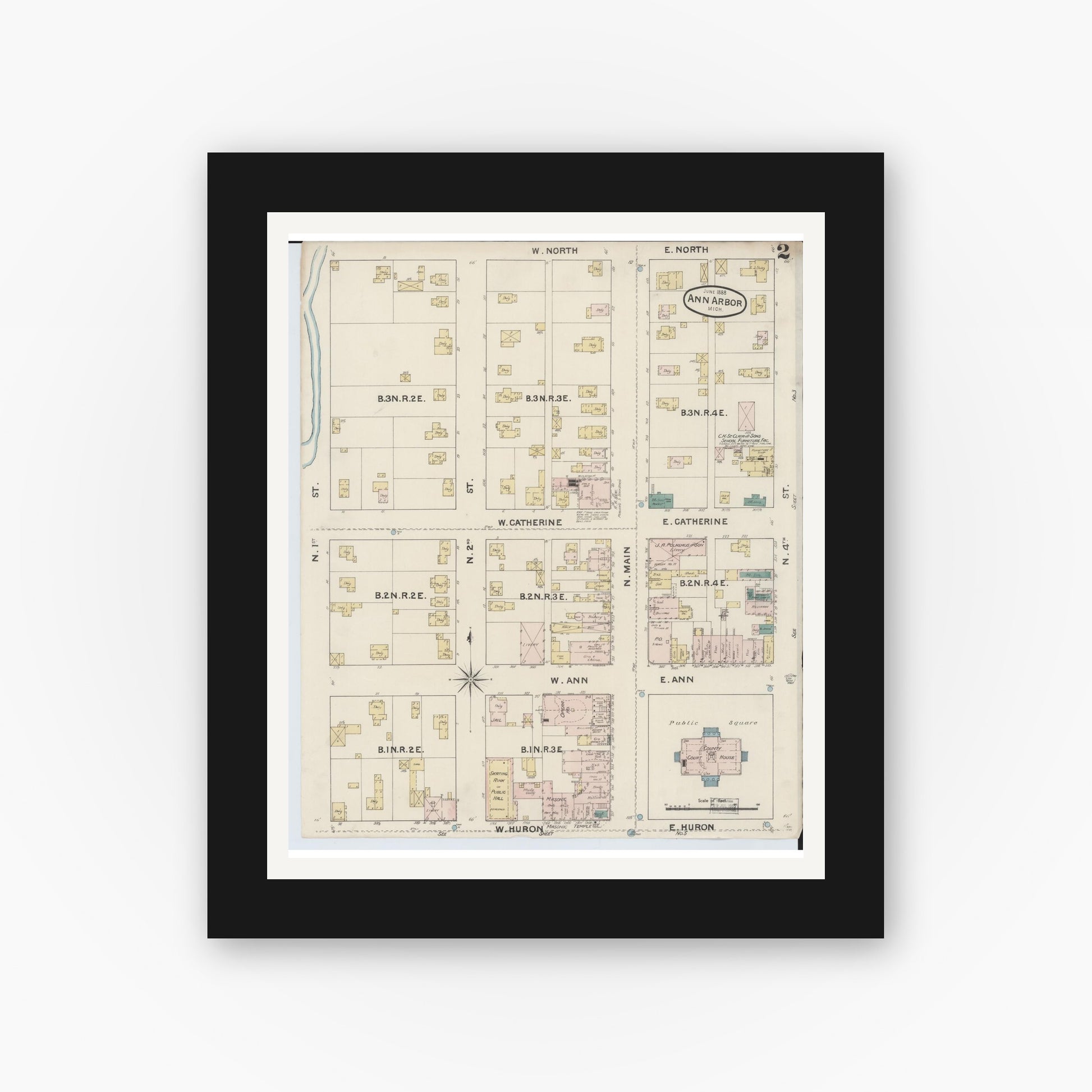 Old map wall art mockup — black gallery frame with white mat — Sanborn Fire Insurance Map from Ann Arbor, Washtenaw County, Michigan (1888), Sheet #0002