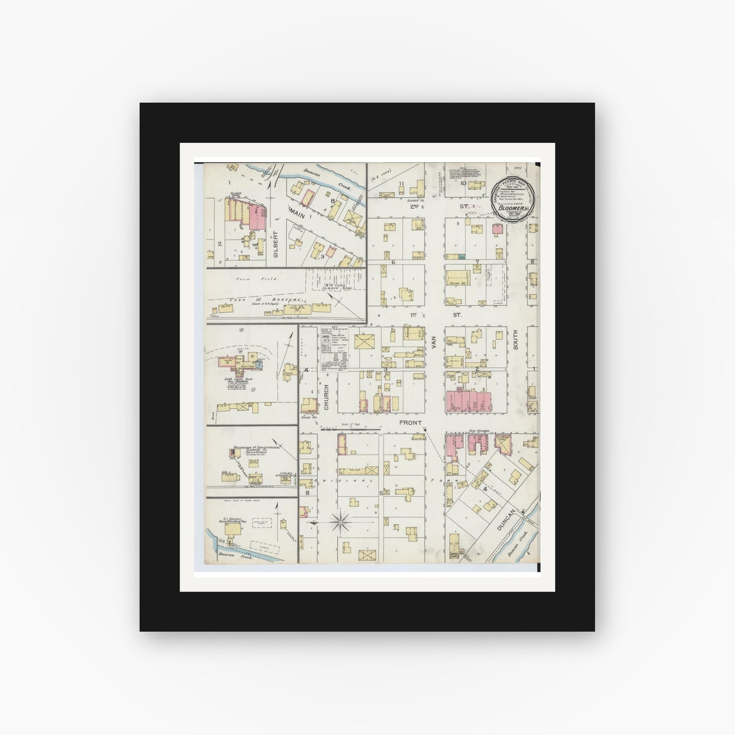 Old map wall art mockup — black gallery frame with white mat — Sanborn Fire Insurance Map from Bloomer, Chippewa County, Wisconsin (1893), Sheet #0001