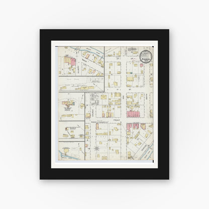 Old map wall art mockup — black gallery frame with white mat — Sanborn Fire Insurance Map from Bloomer, Chippewa County, Wisconsin (1893), Sheet #0001
