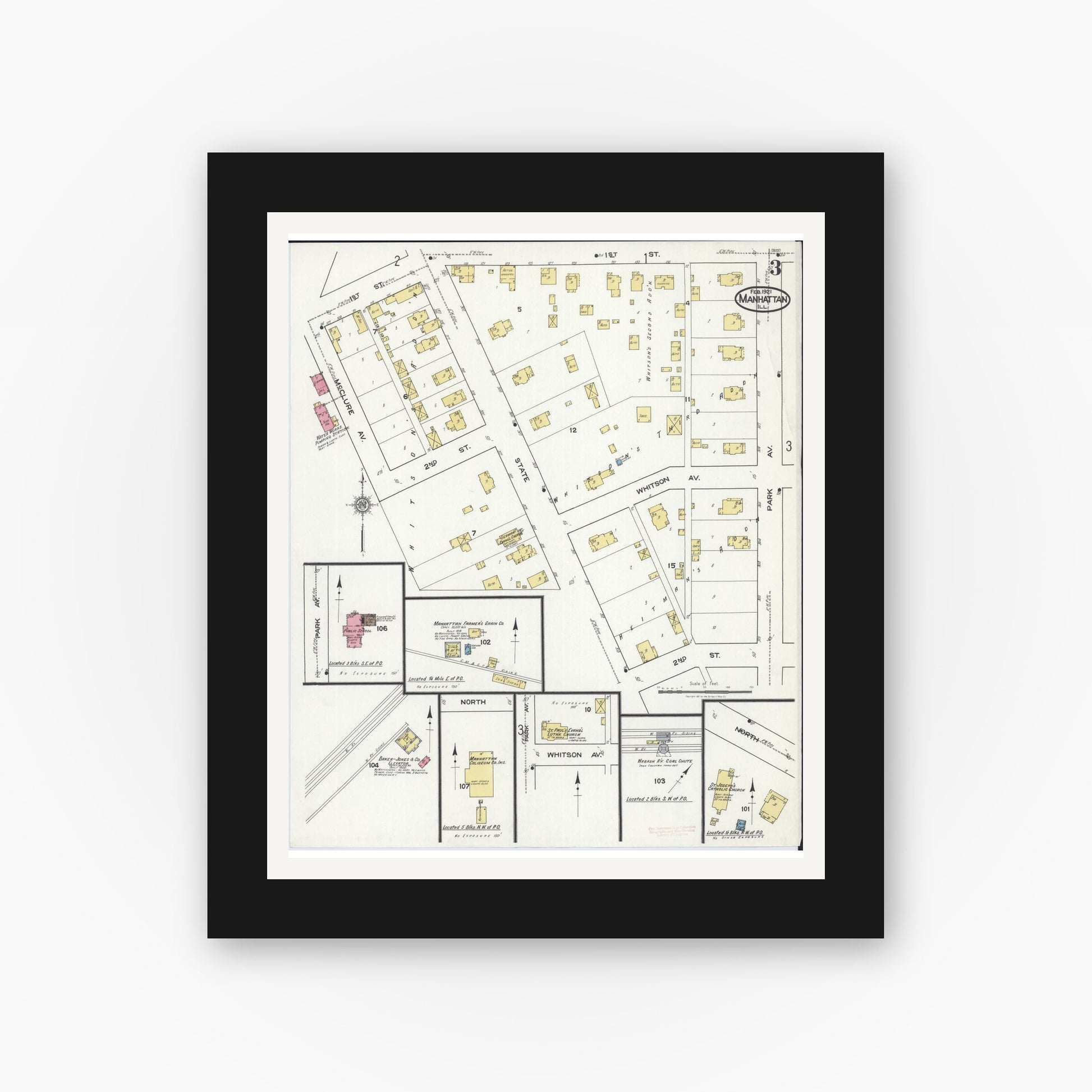 Old map wall art mockup — black gallery frame with white mat — Sanborn Fire Insurance Map from Manhattan, Will County, Illinois (1921), Sheet #0003