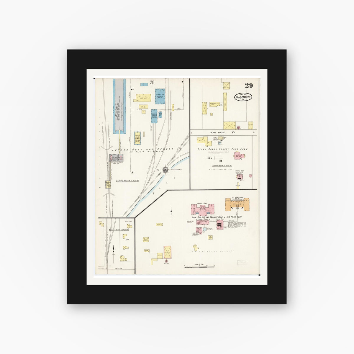 Old map wall art mockup — black gallery frame with white mat — Sanborn Fire Insurance Map from Mason City, Cerro Gordo County, Iowa (1915), Sheet #0029