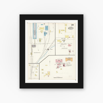 Old map wall art mockup — black gallery frame with white mat — Sanborn Fire Insurance Map from Mason City, Cerro Gordo County, Iowa (1915), Sheet #0029