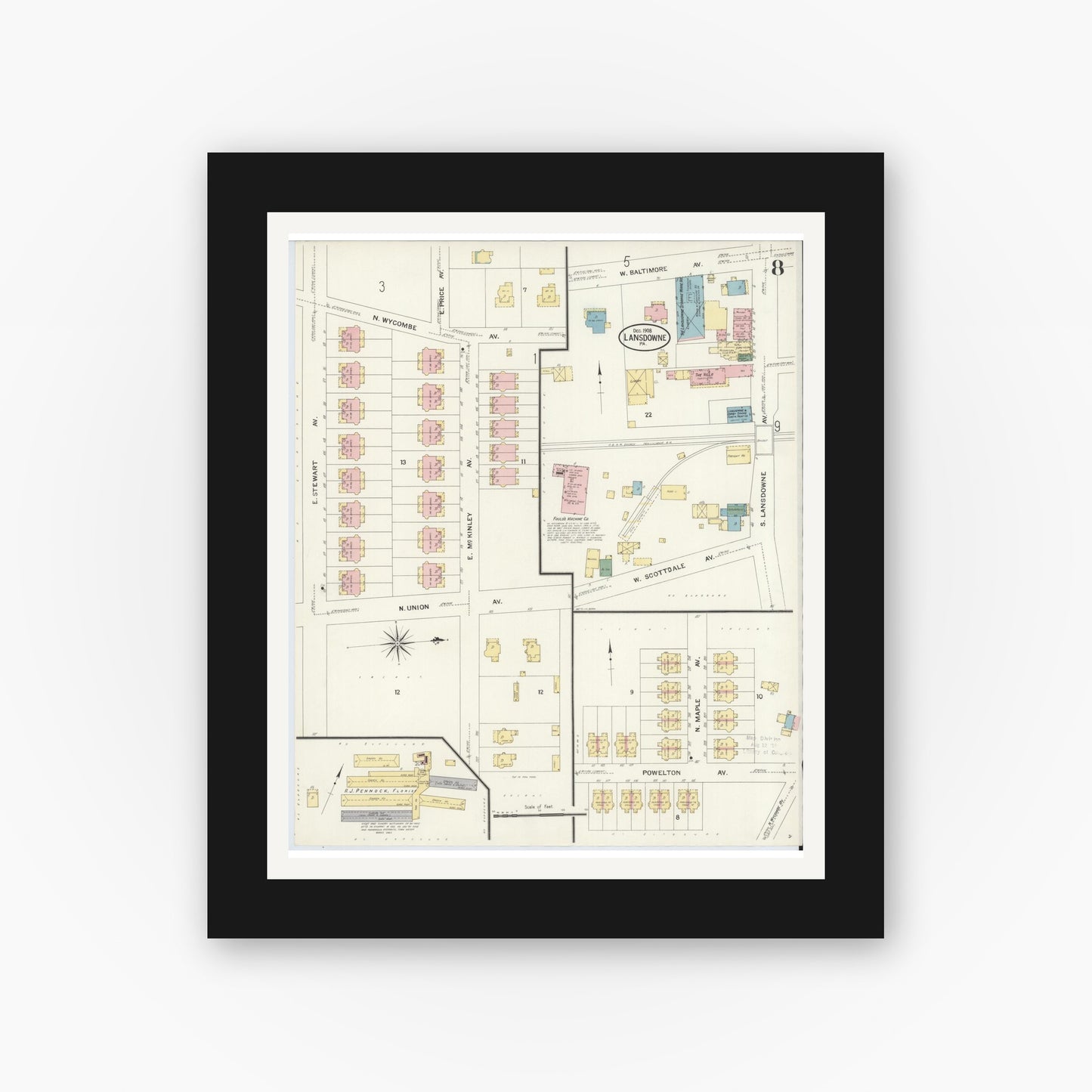 Old map wall art mockup — black gallery frame with white mat — Sanborn Fire Insurance Map from Lansdowne, Delaware County, Pennsylvania (1908), Sheet #0008
