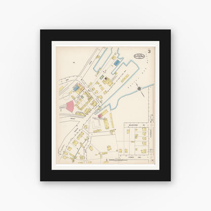 Old map wall art mockup — black gallery frame with white mat — Sanborn Fire Insurance Map from Oyster Bay, Nassau County, New York (1922), Sheet #0003