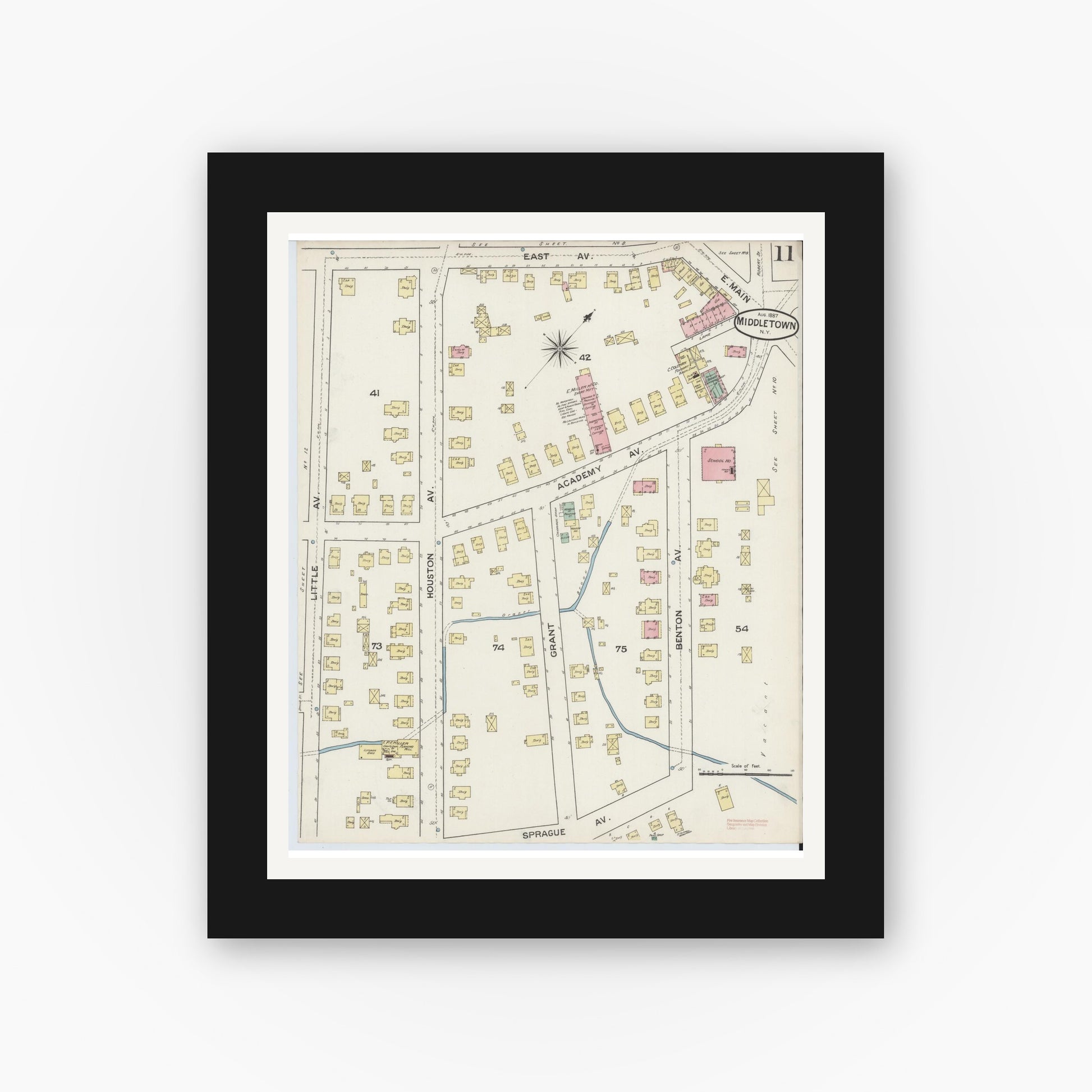 Old map wall art mockup — black gallery frame with white mat — Sanborn Fire Insurance Map from Middletown, Orange County, New York (1887), Sheet #0010