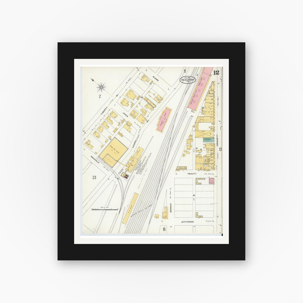 Old map wall art mockup — black gallery frame with white mat — Sanborn Fire Insurance Map from Beaumont, Jefferson County, Texas (1904), Sheet #0012