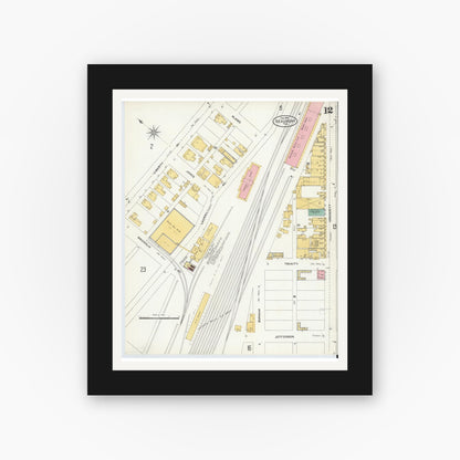 Old map wall art mockup — black gallery frame with white mat — Sanborn Fire Insurance Map from Beaumont, Jefferson County, Texas (1904), Sheet #0012
