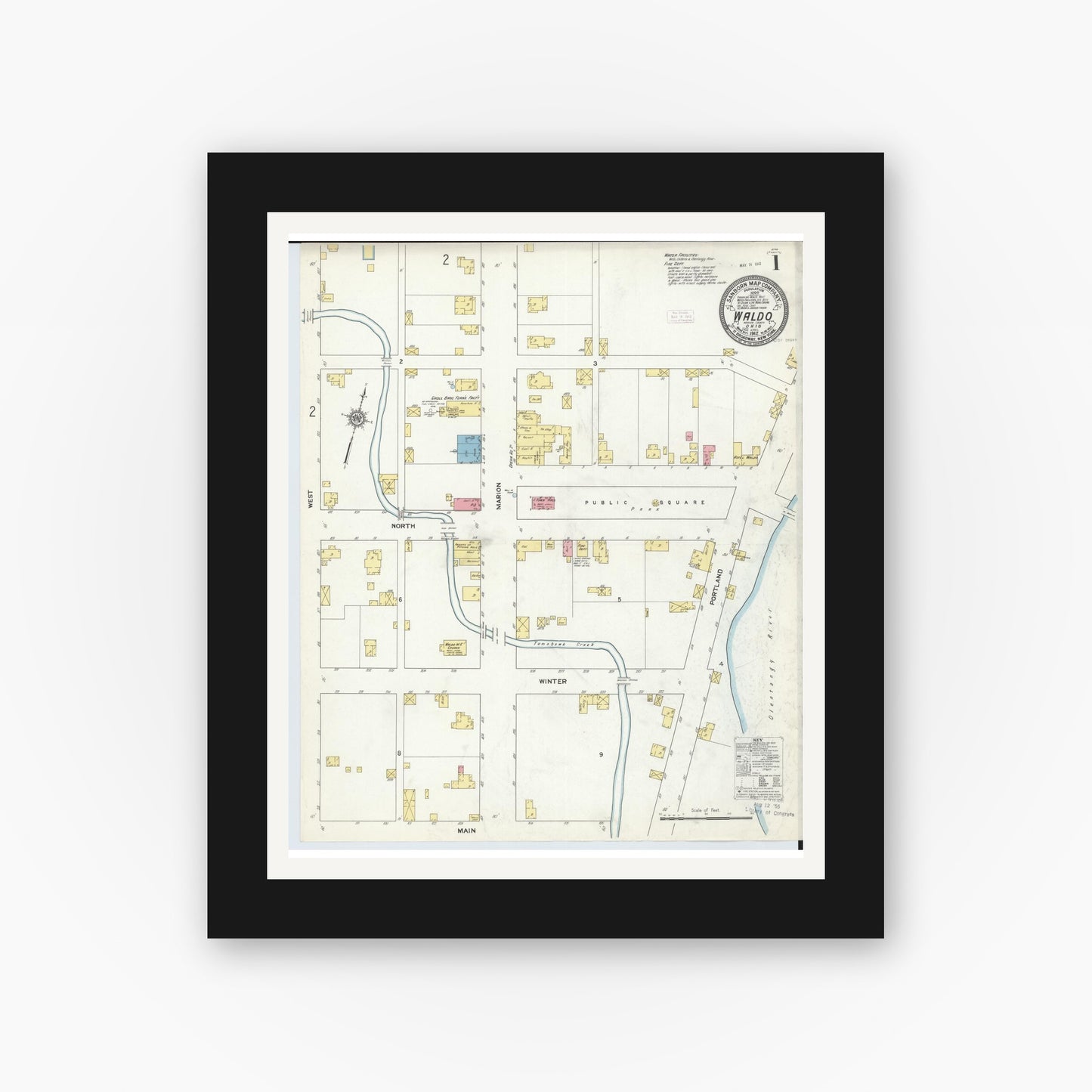 Old map wall art mockup — black gallery frame with white mat — Sanborn Fire Insurance Map from Waldo, Marion County, Ohio (1912) - Complete Map Set