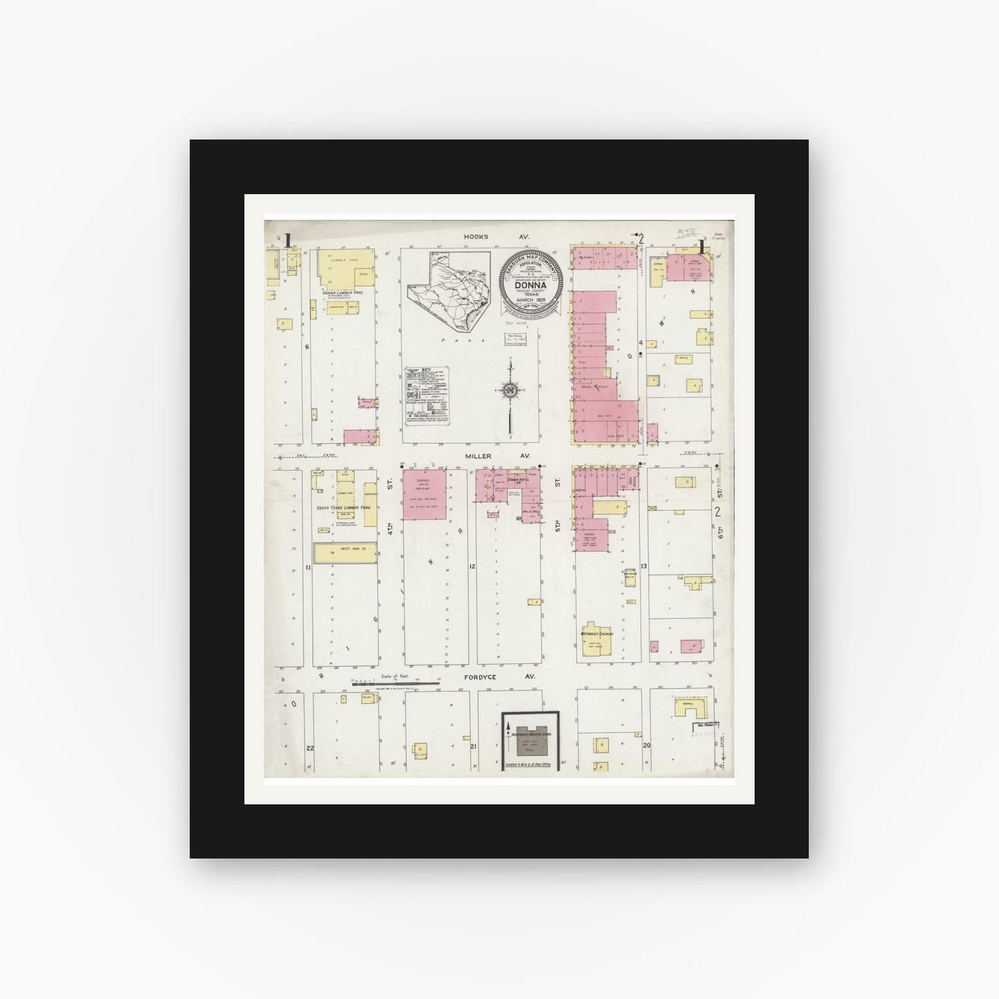 Old map wall art mockup — black gallery frame with white mat — Sanborn Fire Insurance Map from Donna, Hidalgo County, Texas (1925), Sheet #0001