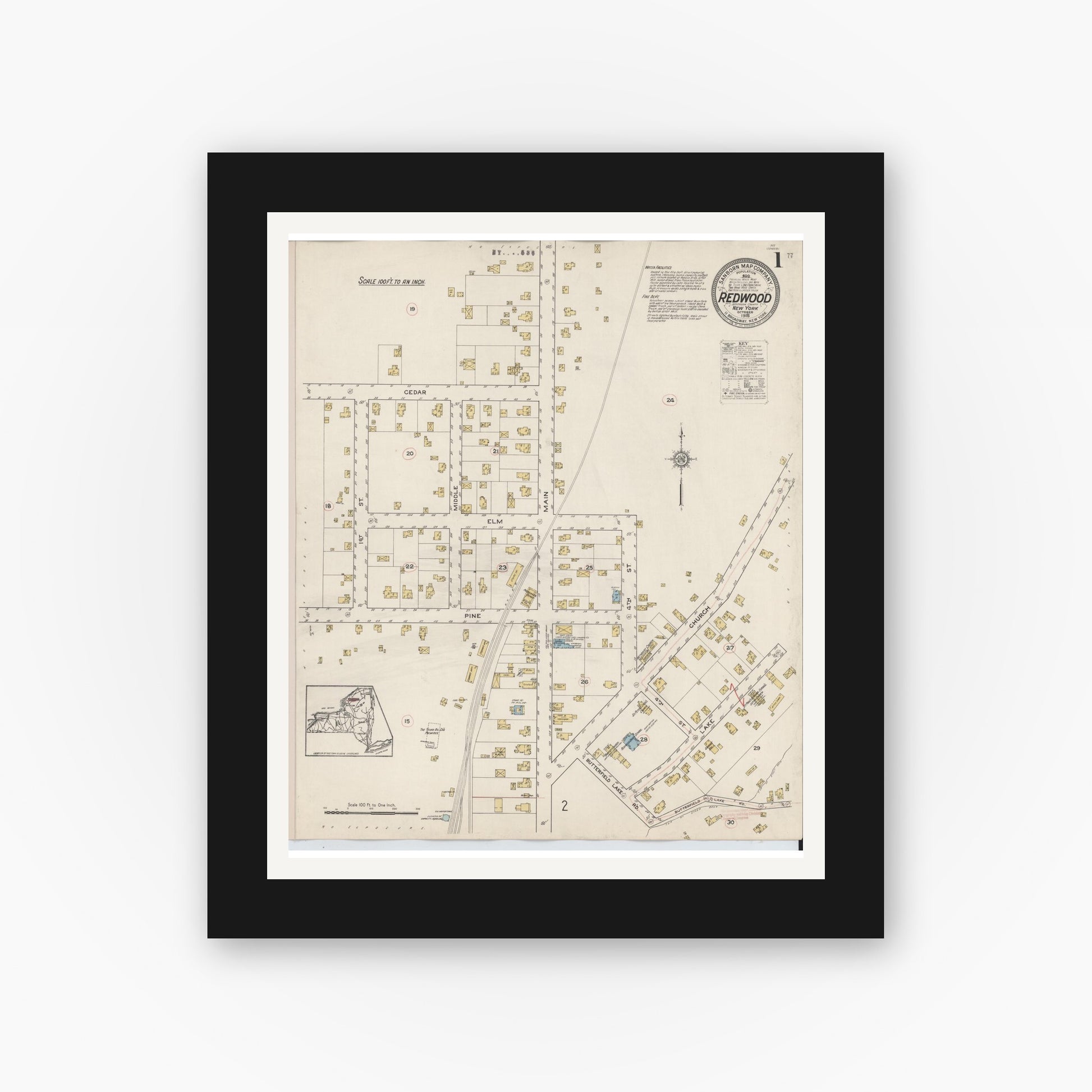 Old map wall art mockup — black gallery frame with white mat — Sanborn Fire Insurance Map from Redwood, Jefferson County, New York (1915) - Complete Map Set