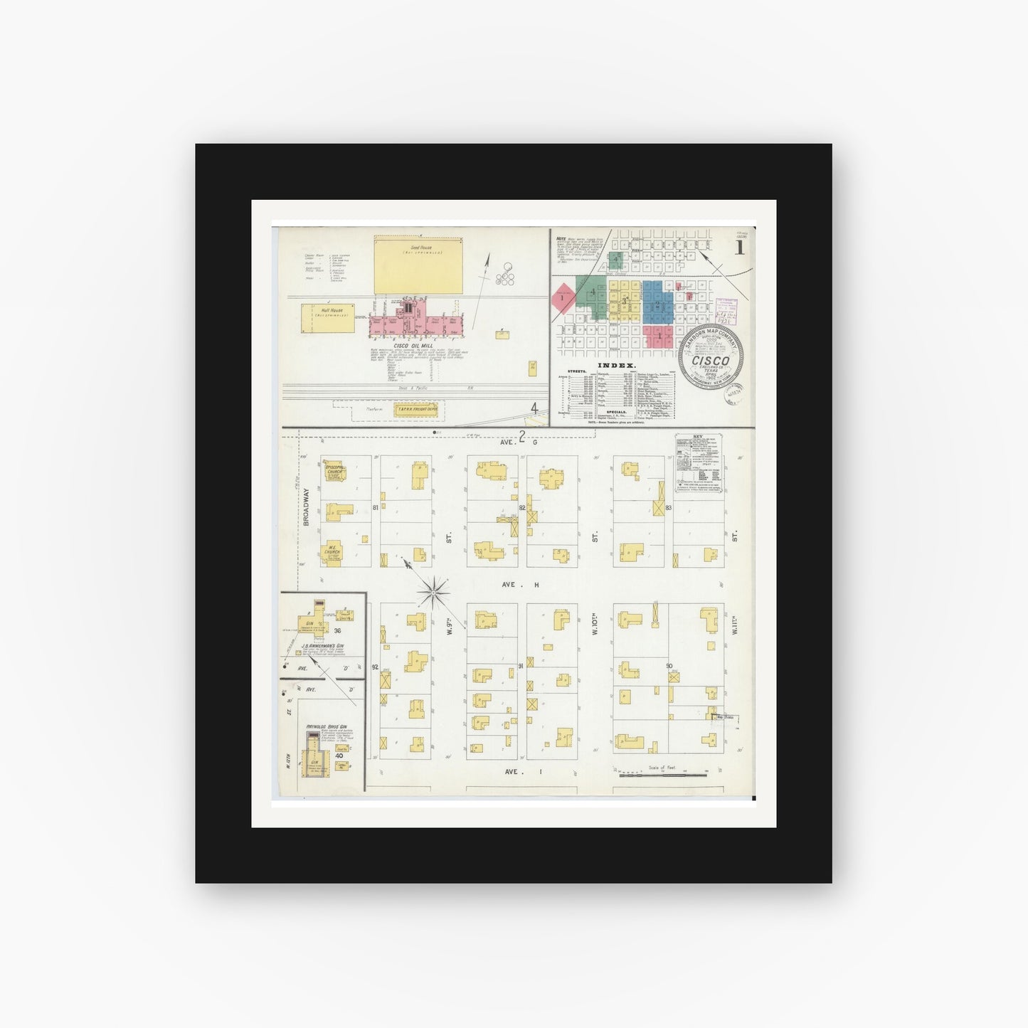Old map wall art mockup — black gallery frame with white mat — Sanborn Fire Insurance Map from Cisco, Eastland County, Texas (1902), Sheet #0001