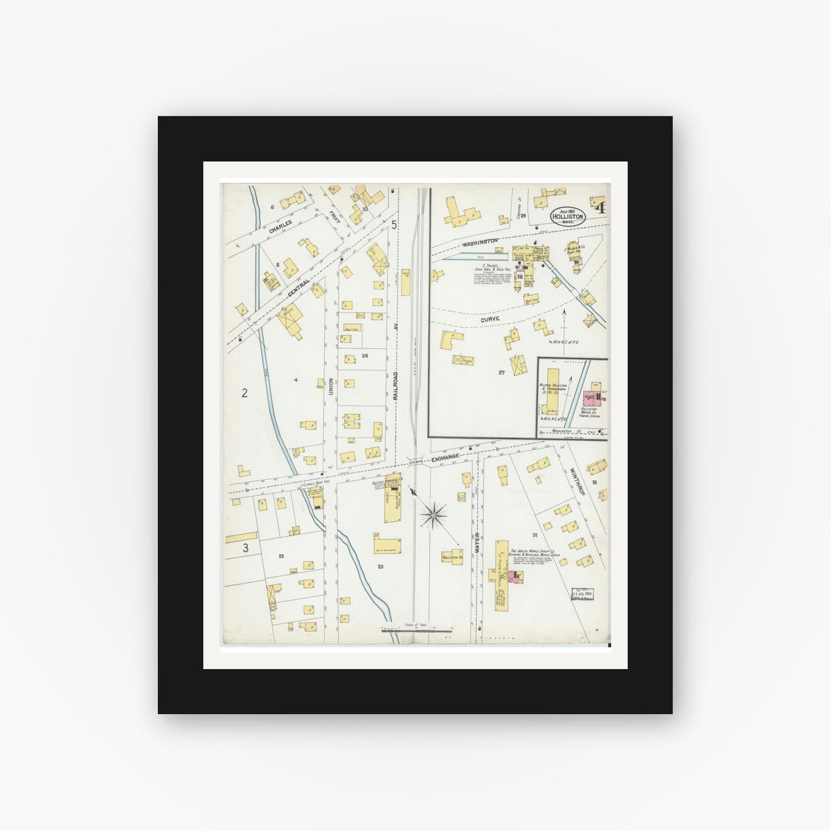Old map wall art mockup — black gallery frame with white mat — Sanborn Fire Insurance Map from Holliston, Middlesex County, Massachusetts (1901), Sheet #0004