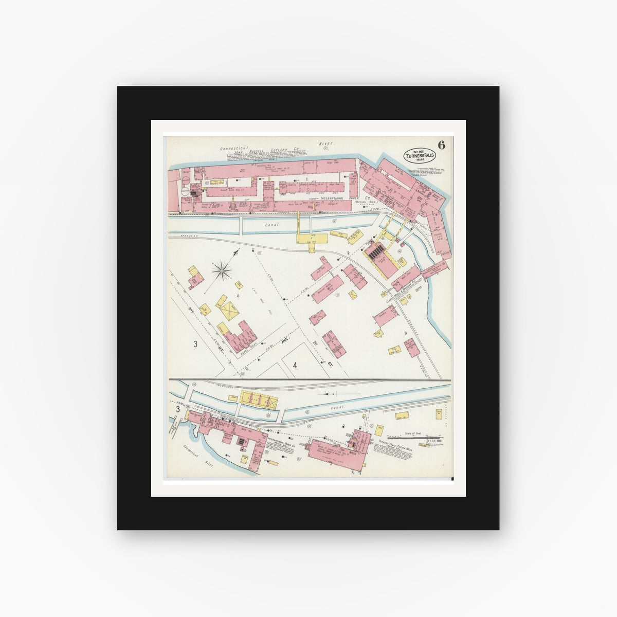 Old map wall art mockup — black gallery frame with white mat — Sanborn Fire Insurance Map from Turners Falls, Franklin County, Massachusetts (1902), Sheet #0006