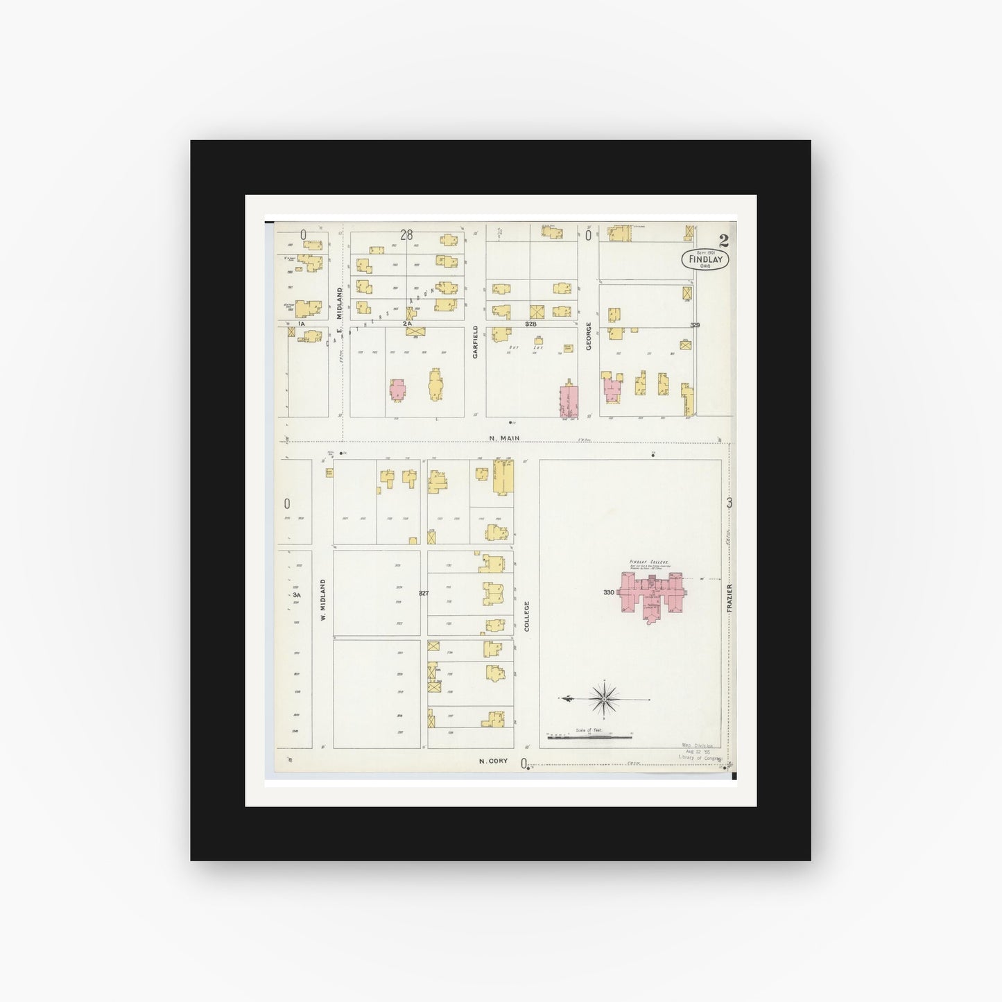 Old map wall art mockup — black gallery frame with white mat — Sanborn Fire Insurance Map from Findlay, Hancock County, Ohio (1901), Sheet #0002