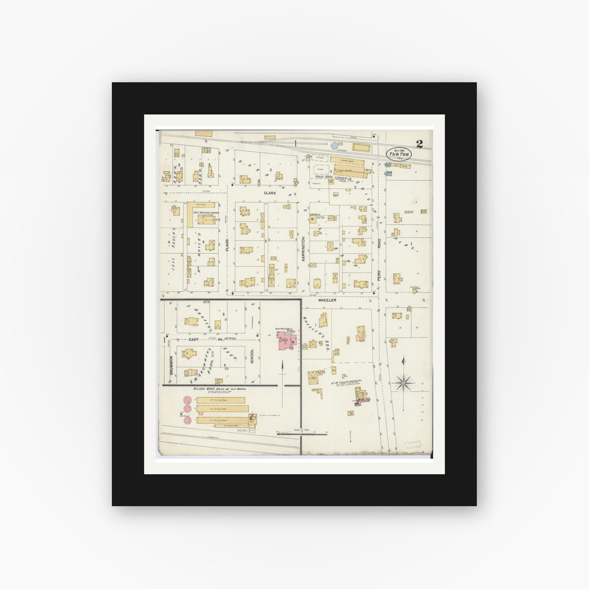 Old map wall art mockup — black gallery frame with white mat — Sanborn Fire Insurance Map from Paw Paw, Lee County, Illinois (1902), Sheet #0002
