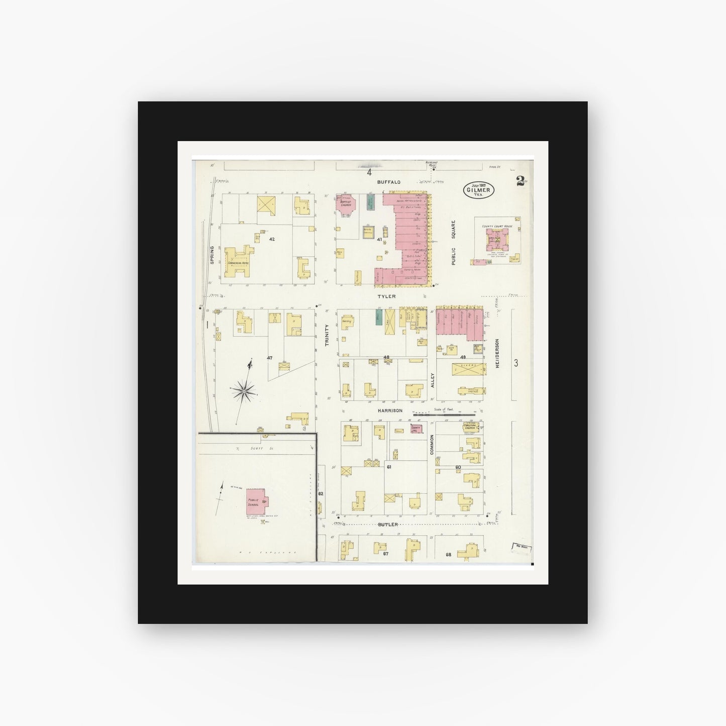 Old map wall art mockup — black gallery frame with white mat — Sanborn Fire Insurance Map from Gilmer, Upshur County, Texas (1907), Sheet #0002