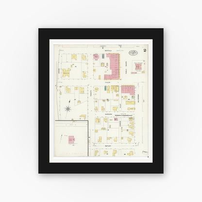 Old map wall art mockup — black gallery frame with white mat — Sanborn Fire Insurance Map from Gilmer, Upshur County, Texas (1907), Sheet #0002