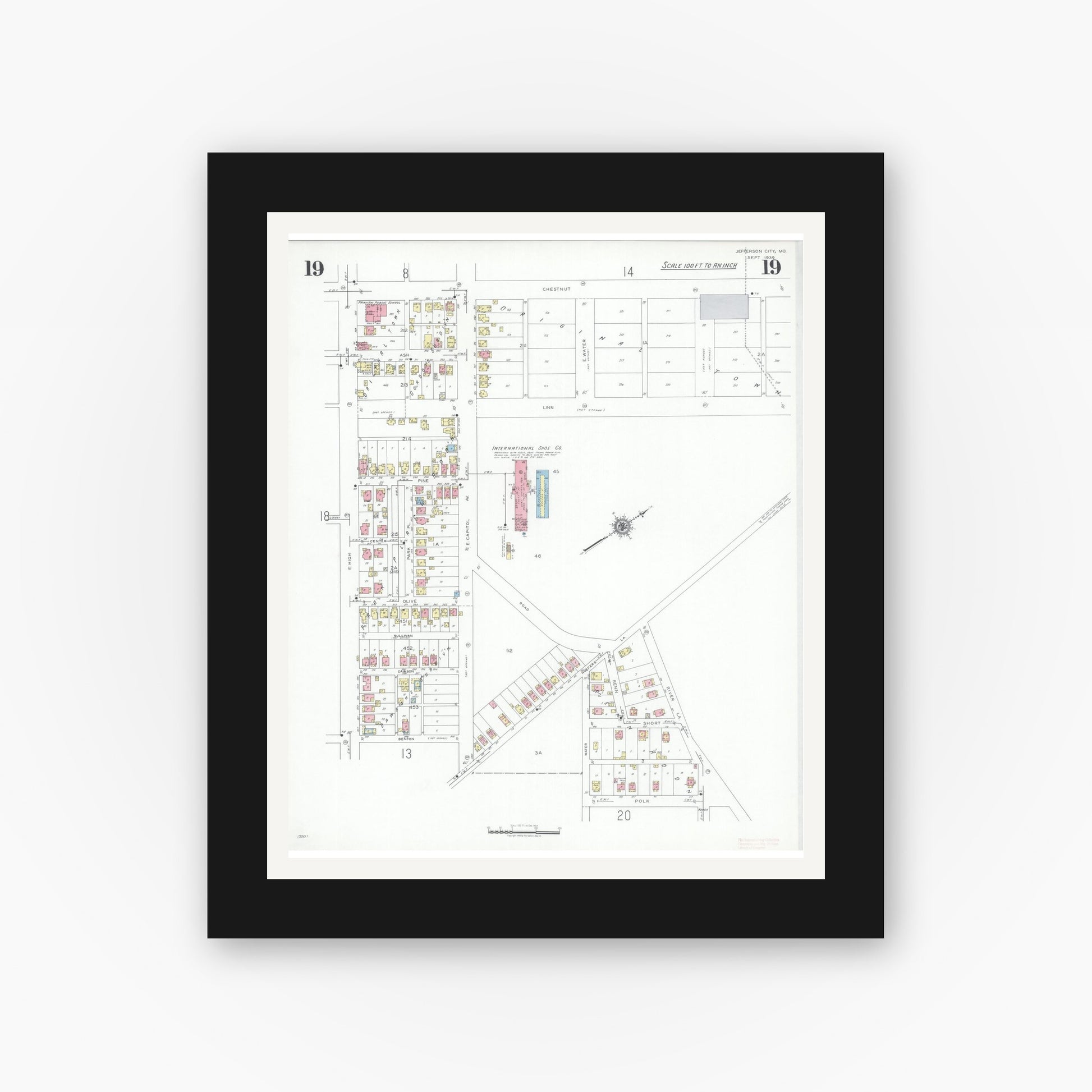 Old map wall art mockup — black gallery frame with white mat — Sanborn Fire Insurance Map from Jefferson City, Cole County, Missouri (1939), Sheet #0019