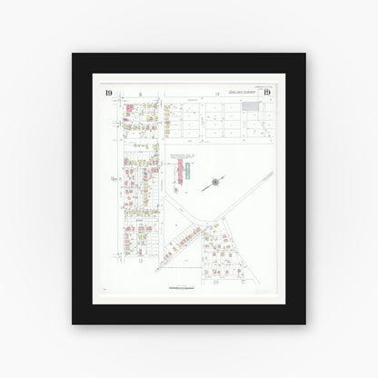 Old map wall art mockup — black gallery frame with white mat — Sanborn Fire Insurance Map from Jefferson City, Cole County, Missouri (1939), Sheet #0019