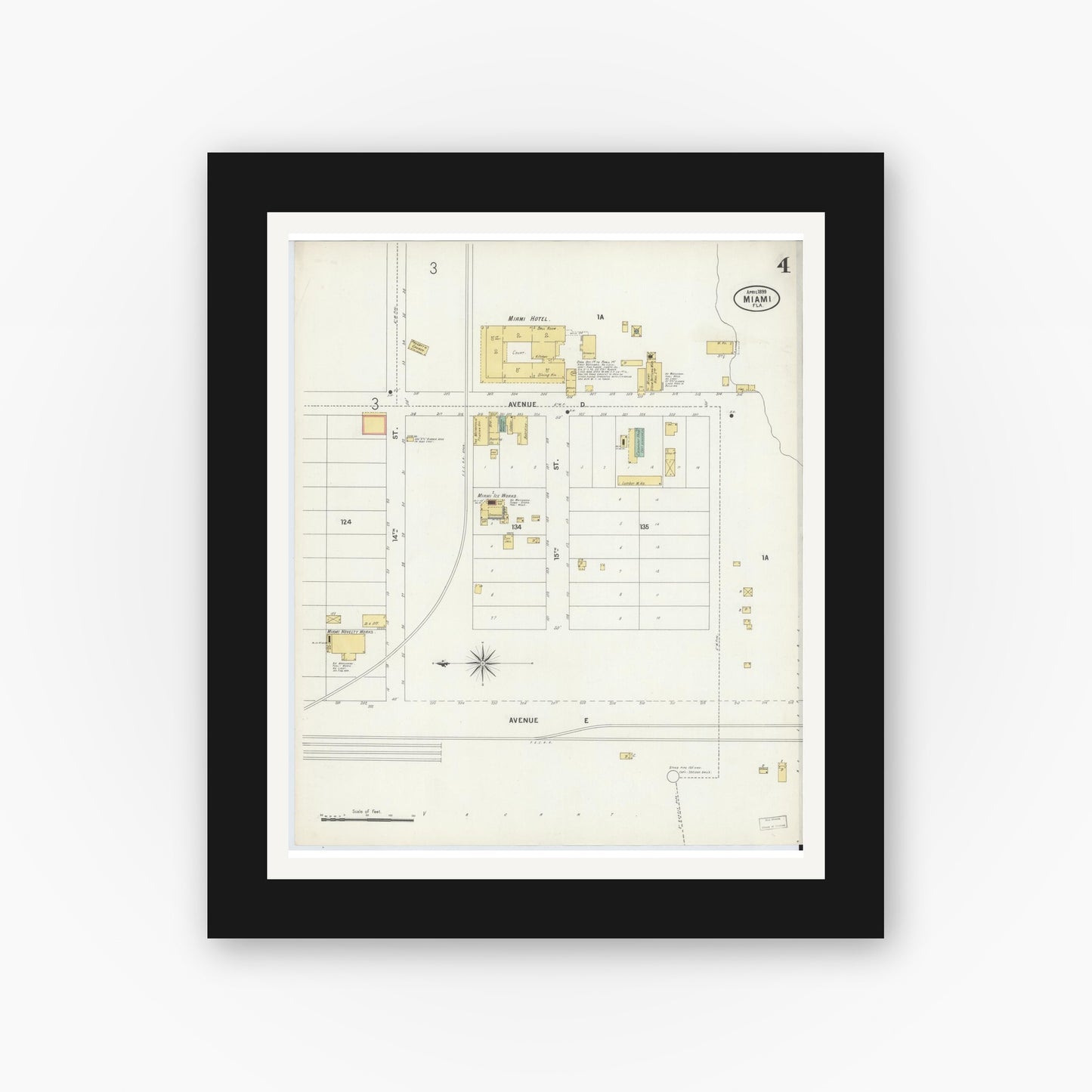 Old map wall art mockup — black gallery frame with white mat — Sanborn Fire Insurance Map from Miami, Dade County, Florida (1899), Sheet #0004