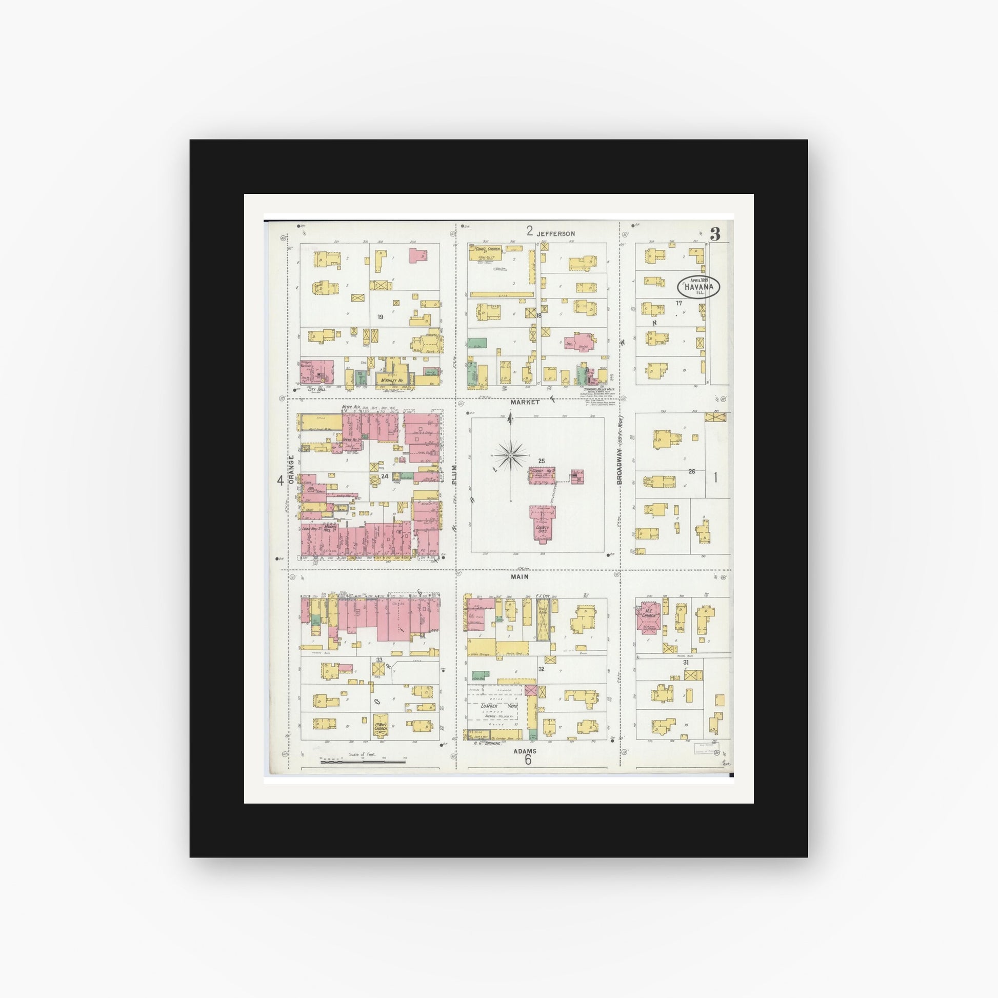Old map wall art mockup — black gallery frame with white mat — Sanborn Fire Insurance Map from Havana, Mason County, Illinois (1899), Sheet #0003