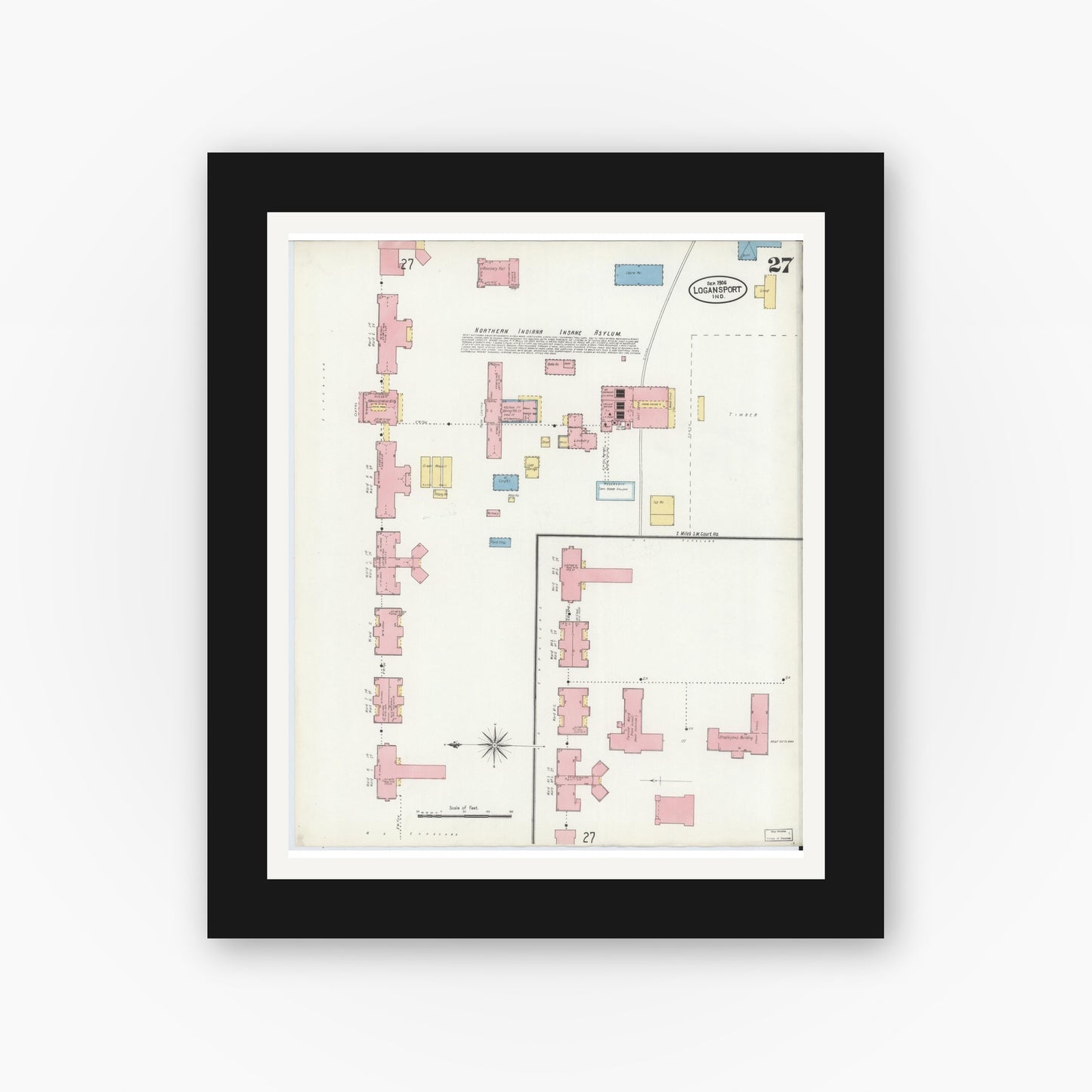 Old map wall art mockup — black gallery frame with white mat — Sanborn Fire Insurance Map from Logansport, Cass County, Indiana (1906), Sheet #0027