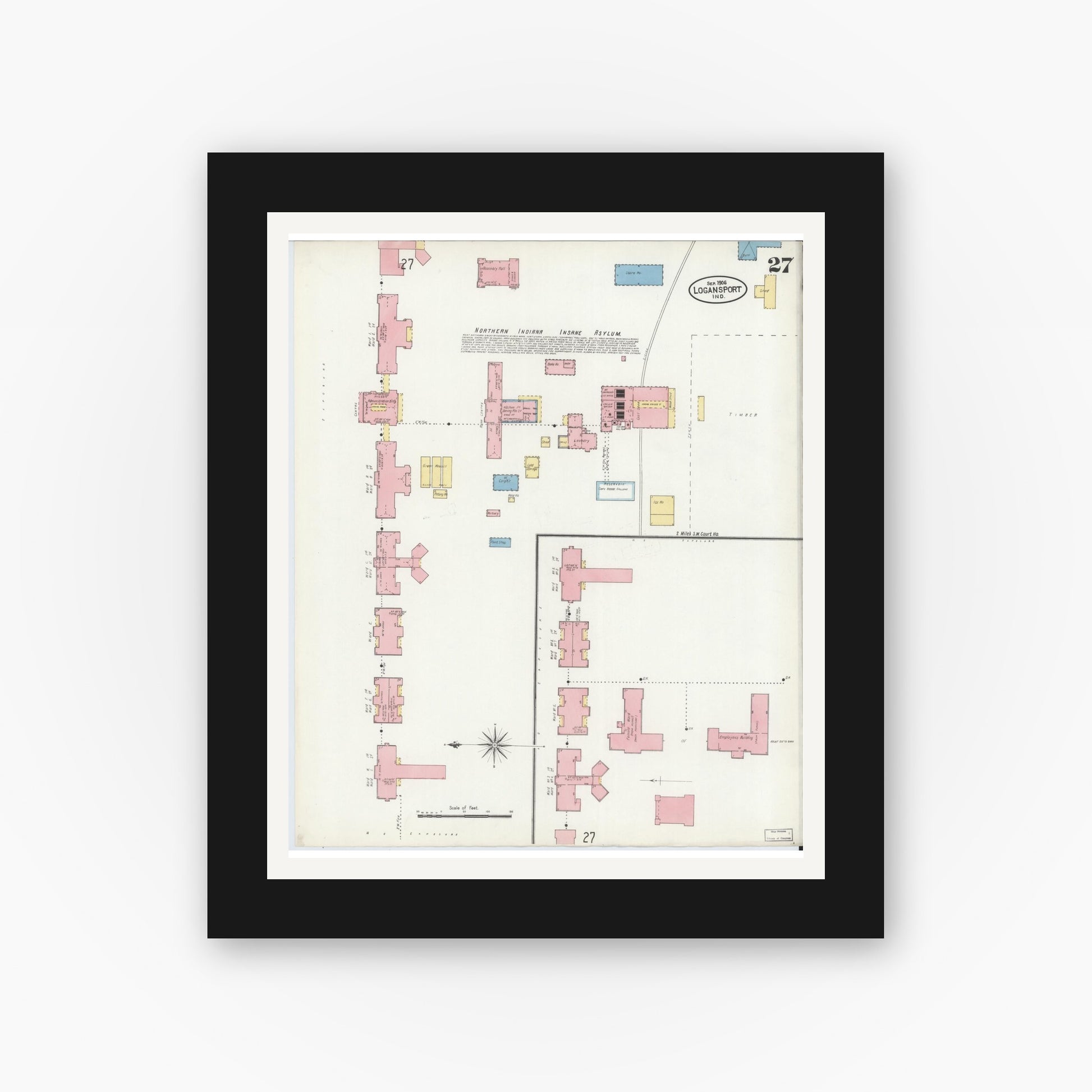 Old map wall art mockup — black gallery frame with white mat — Sanborn Fire Insurance Map from Logansport, Cass County, Indiana (1906), Sheet #0027
