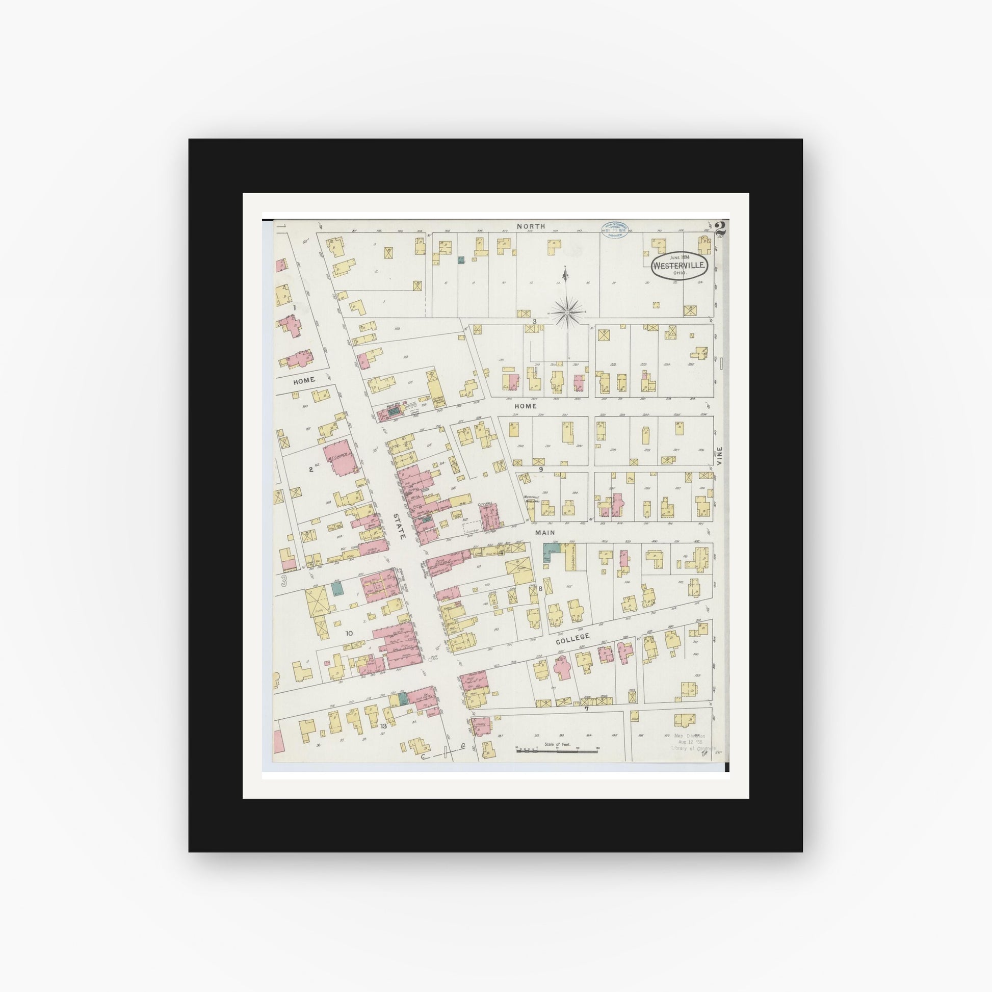 Old map wall art mockup — black gallery frame with white mat — Sanborn Fire Insurance Map from Westerville, Franklin County, Ohio (1894), Sheet #0002