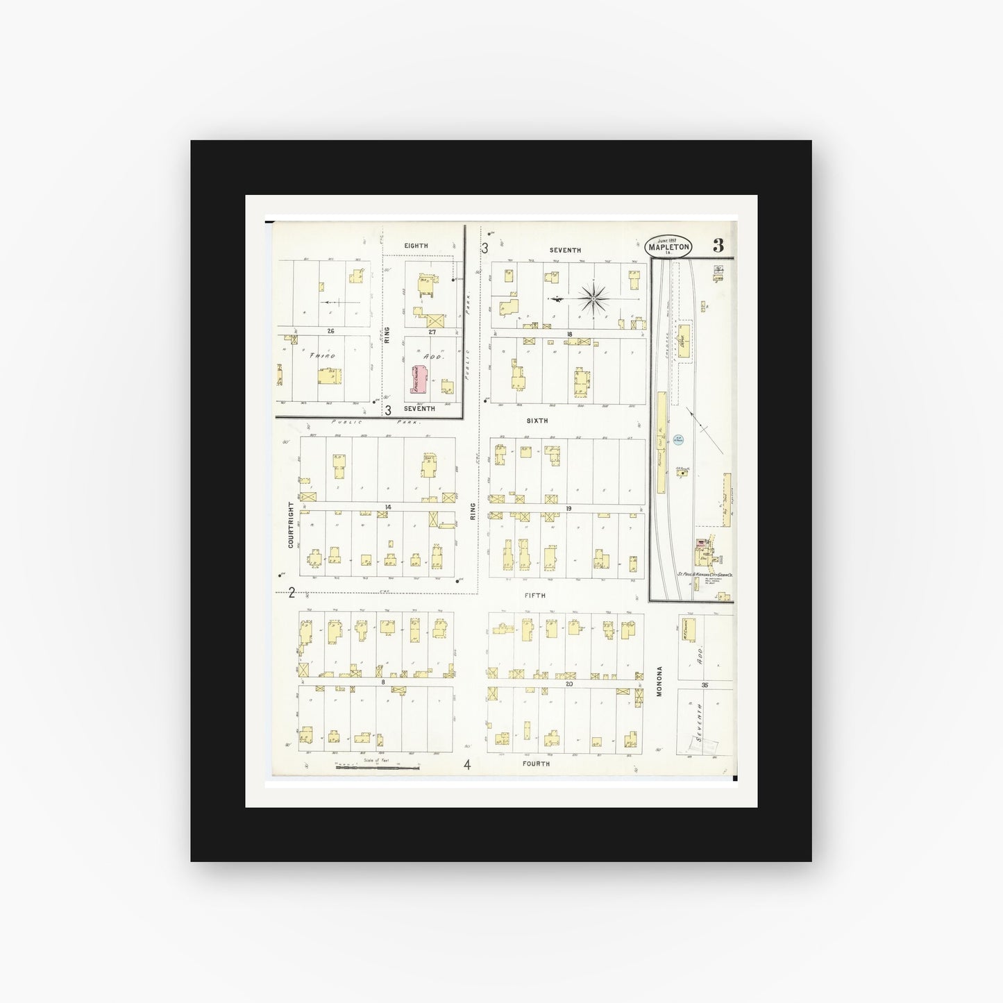 Old map wall art mockup — black gallery frame with white mat — Sanborn Fire Insurance Map from Mapleton, Monona County, Iowa (1897), Sheet #0003