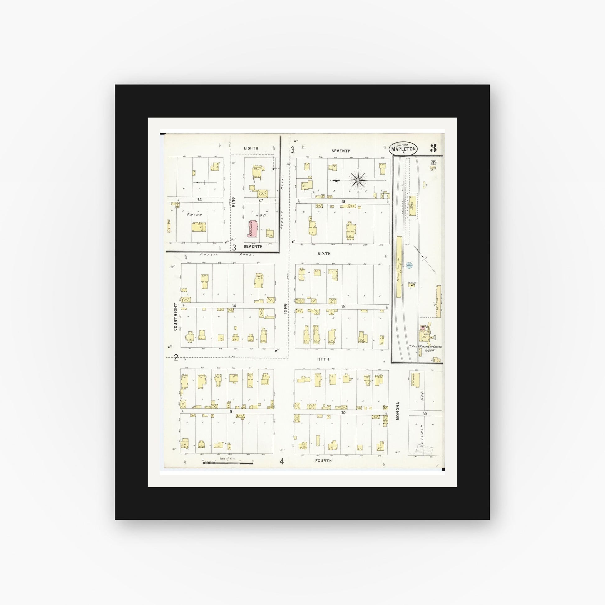 Old map wall art mockup — black gallery frame with white mat — Sanborn Fire Insurance Map from Mapleton, Monona County, Iowa (1897), Sheet #0003