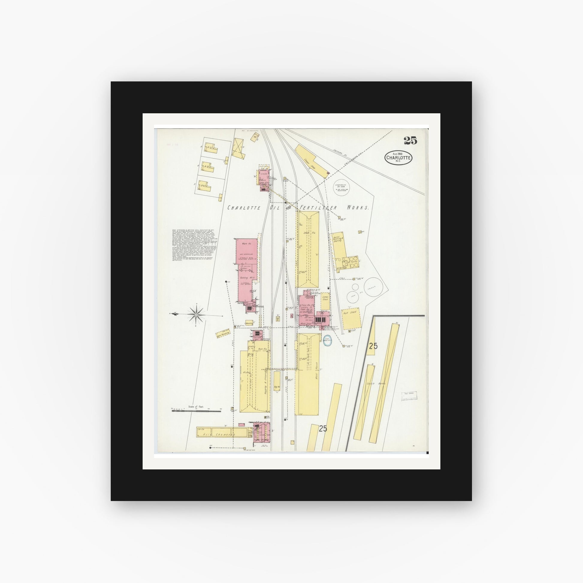 Old map wall art mockup — black gallery frame with white mat — Sanborn Fire Insurance Map from Charlotte, Mecklenburg County, North Carolina (1900), Sheet #0025