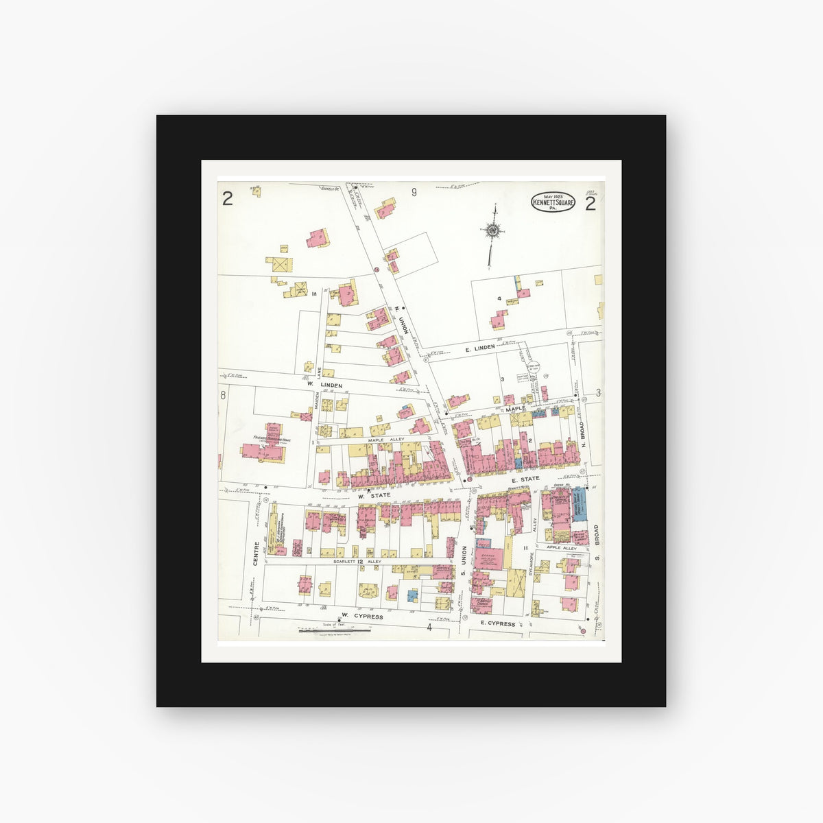 Old map wall art mockup — black gallery frame with white mat — Sanborn Fire Insurance Map from Kennett Square, Chester County, Pennsylvania (1923), Sheet #0002