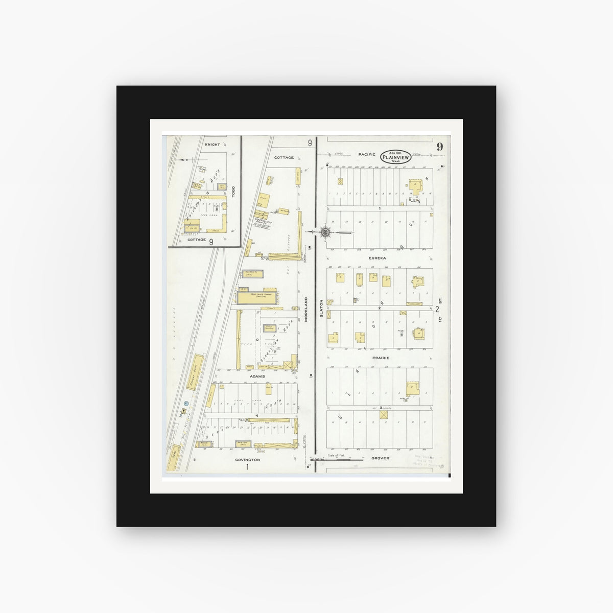 Old map wall art mockup — black gallery frame with white mat — Sanborn Fire Insurance Map from Plainview, Hale County, Texas (1910), Sheet #0009
