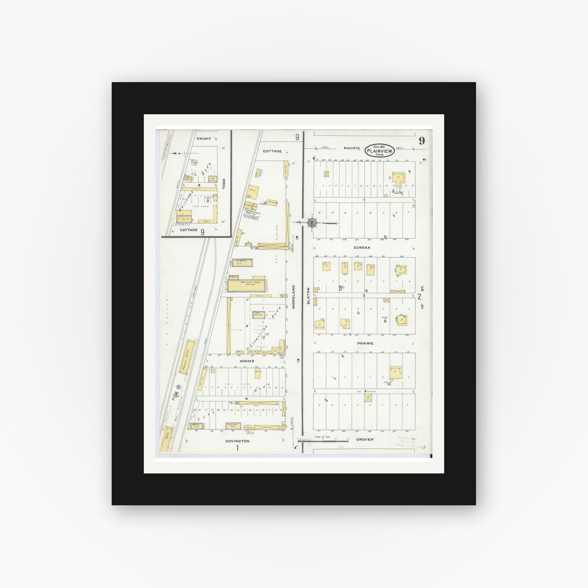 Old map wall art mockup — black gallery frame with white mat — Sanborn Fire Insurance Map from Plainview, Hale County, Texas (1910), Sheet #0009