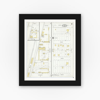 Old map wall art mockup — black gallery frame with white mat — Sanborn Fire Insurance Map from Plainview, Hale County, Texas (1910), Sheet #0009