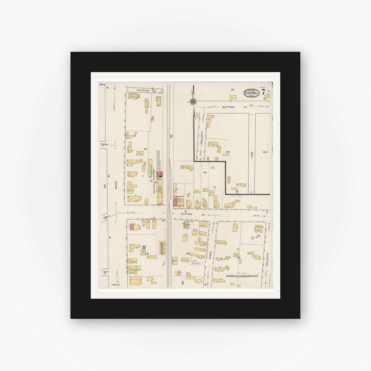 Old map wall art mockup — black gallery frame with white mat — Sanborn Fire Insurance Map from Oxford, Worcester County, Massachusetts (1922), Sheet #0007