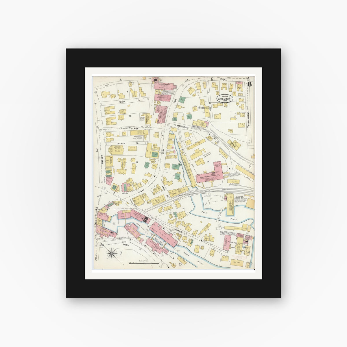 Old map wall art mockup — black gallery frame with white mat — Sanborn Fire Insurance Map from Amesbury, Essex County, Massachusetts (1904), Sheet #0008