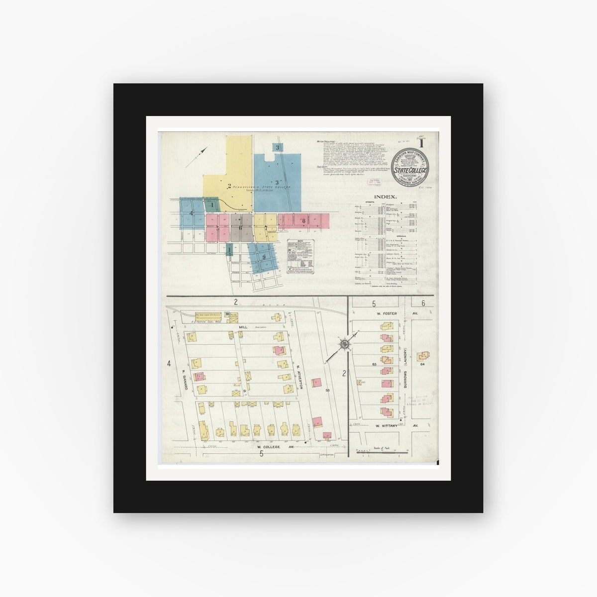 Old map wall art mockup — black gallery frame with white mat — Sanborn Fire Insurance Map from State College, Centre County, Pennsylvania (1911), Sheet #0001