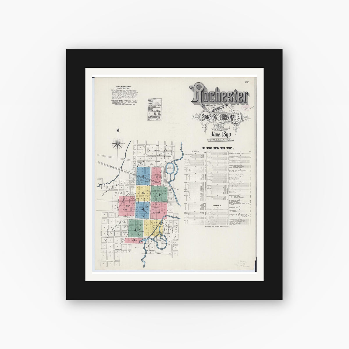 Old map wall art mockup — black gallery frame with white mat — Sanborn Fire Insurance Map from Rochester, Olmsted County, Minnesota (1890), Sheet #0001