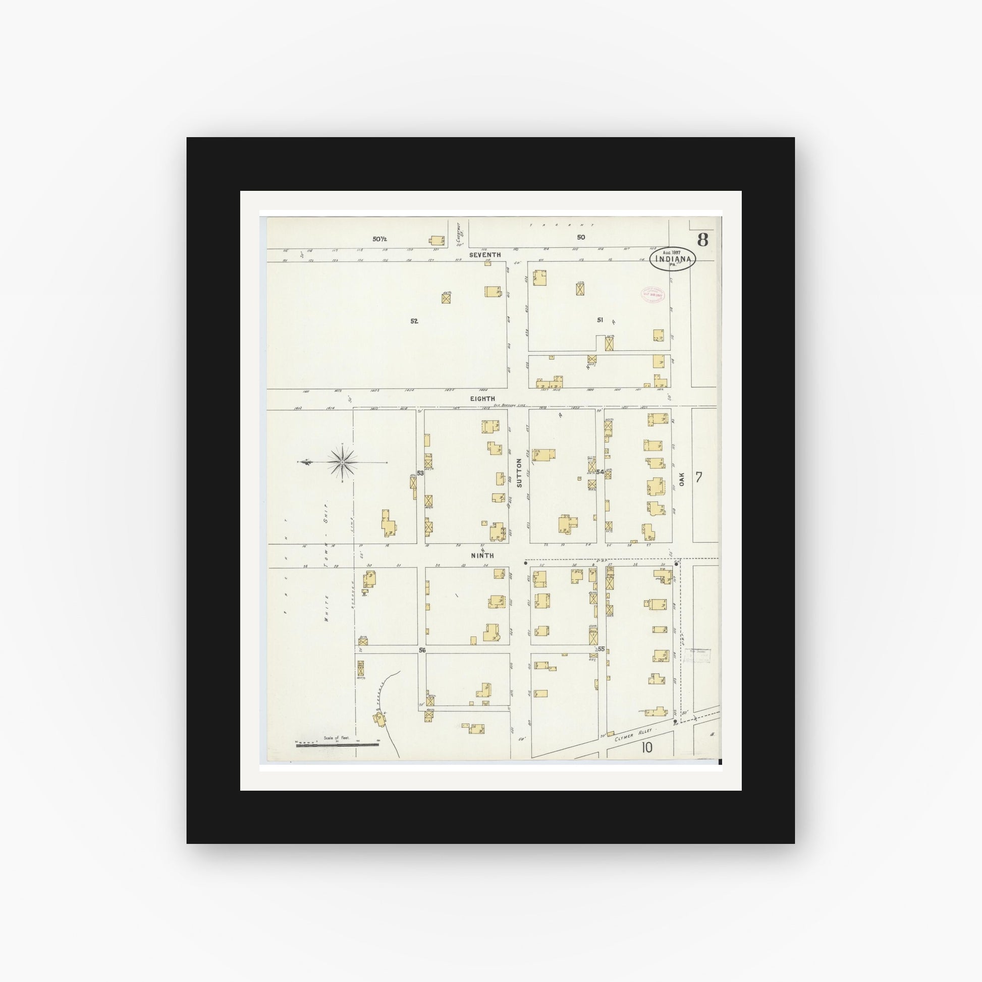 Old map wall art mockup — black gallery frame with white mat — Sanborn Fire Insurance Map from Indiana, Indiana County, Pennsylvania (1888), Sheet #0008