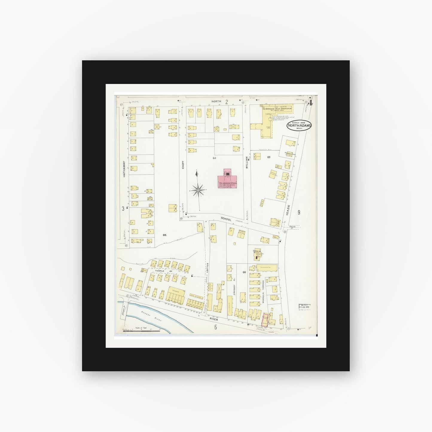 Old map wall art mockup — black gallery frame with white mat — Sanborn Fire Insurance Map from North Adams, Berkshire County, Massachusetts (1908), Sheet #0004