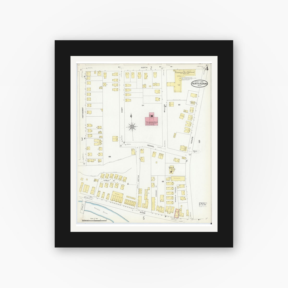 Old map wall art mockup — black gallery frame with white mat — Sanborn Fire Insurance Map from North Adams, Berkshire County, Massachusetts (1908), Sheet #0004