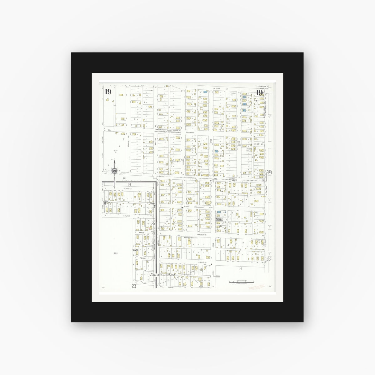 Old map wall art mockup — black gallery frame with white mat — Sanborn Fire Insurance Map from Centralia, Marion, Clinton, Jefferson, and Washington Counties, Illinois (1938), Sheet #0019