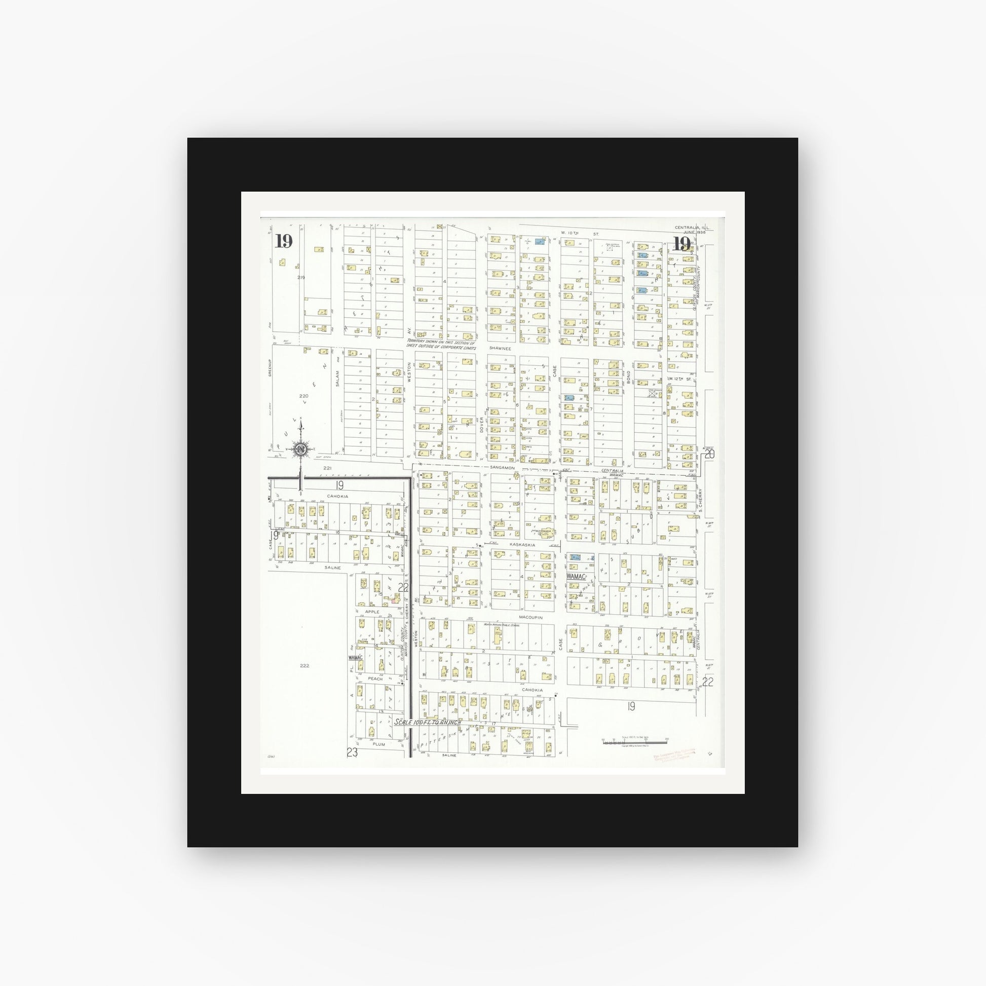 Old map wall art mockup — black gallery frame with white mat — Sanborn Fire Insurance Map from Centralia, Marion, Clinton, Jefferson, and Washington Counties, Illinois (1938), Sheet #0019