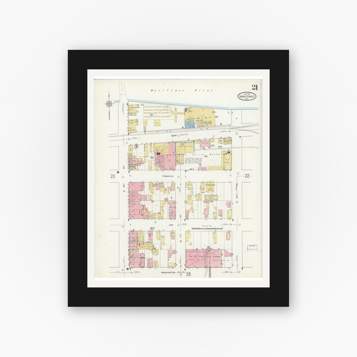 Old map wall art mockup — black gallery frame with white mat — Sanborn Fire Insurance Map from Manitowoc, Manitowoc County, Wisconsin (1912), Sheet #0021