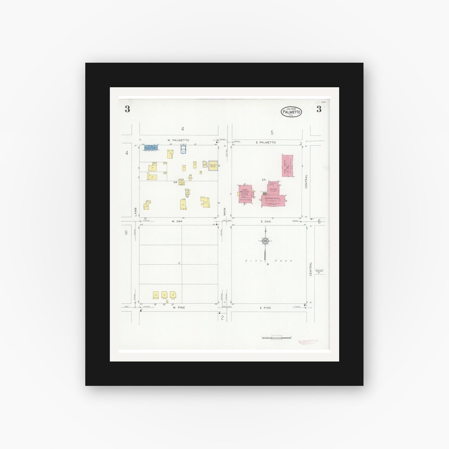 Old map wall art mockup — black gallery frame with white mat — Sanborn Fire Insurance Map from Palmetto, Manatee County, Florida (1930), Sheet #0003