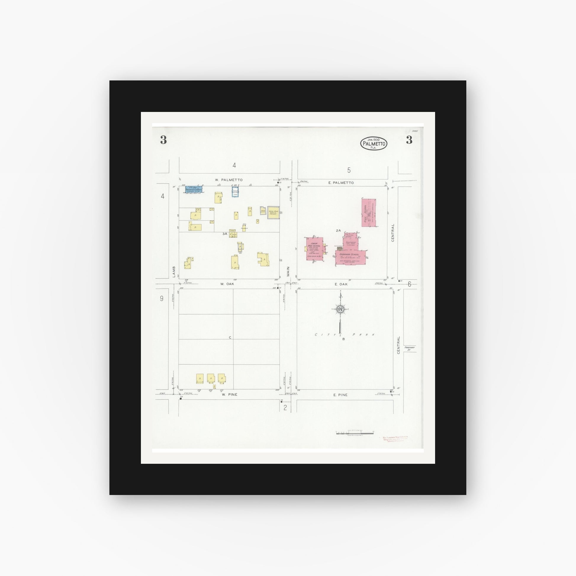 Old map wall art mockup — black gallery frame with white mat — Sanborn Fire Insurance Map from Palmetto, Manatee County, Florida (1930), Sheet #0003