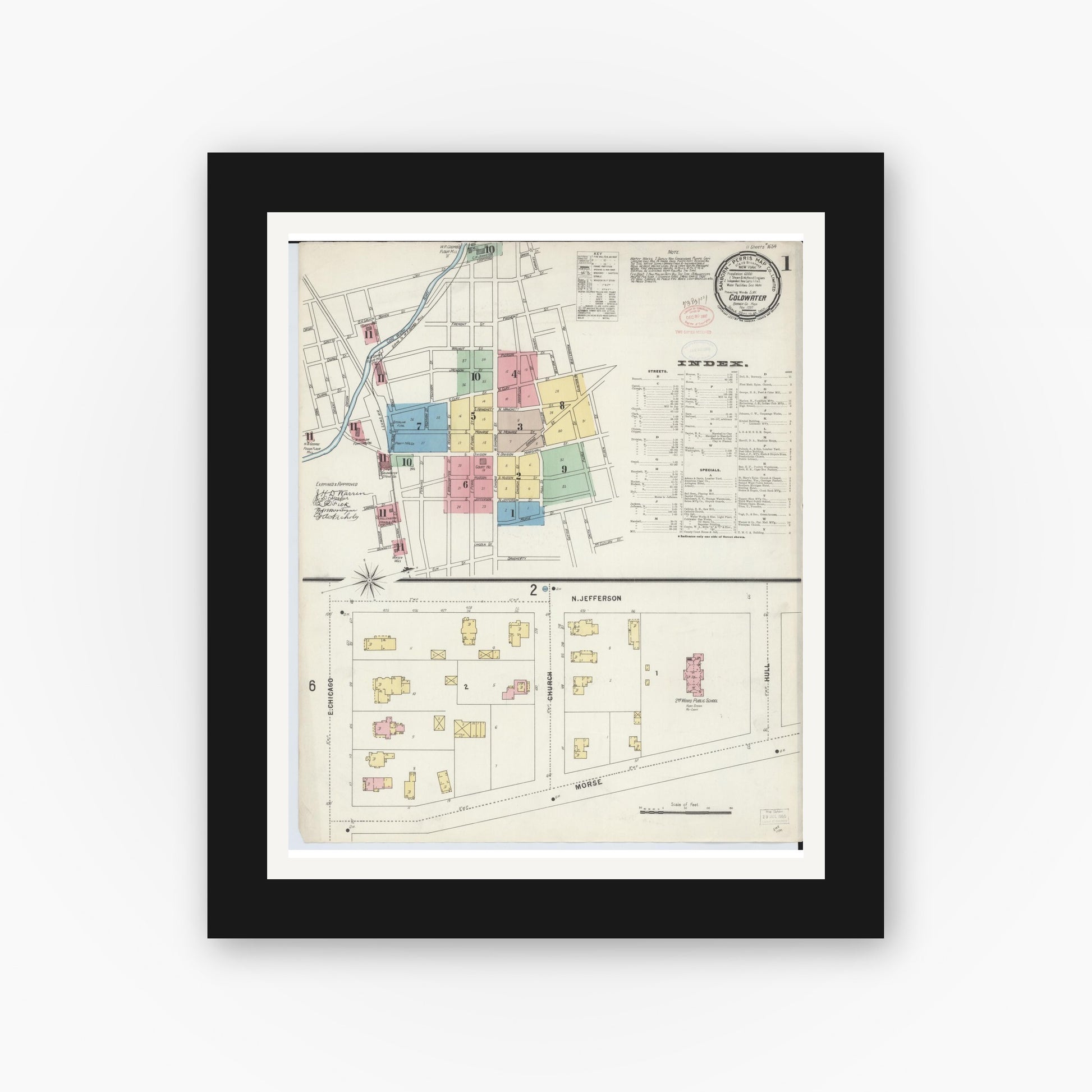 Old map wall art mockup — black gallery frame with white mat — Sanborn Fire Insurance Map from Coldwater, Branch County, Michigan (1897) - Complete Map Set